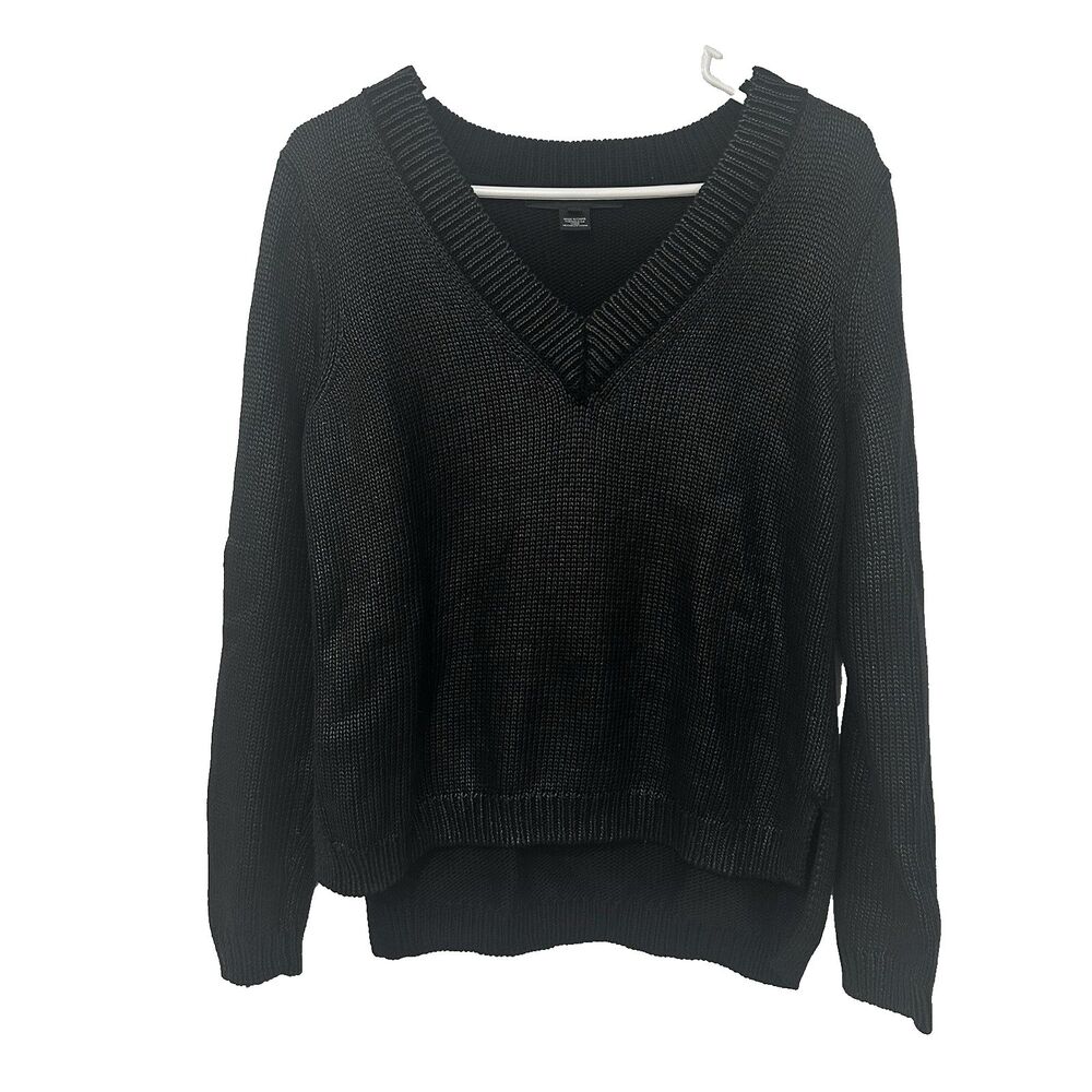 Ralph Lauren Black Label Shimmering V-Neck Sweater Chunky Knit Cotton Silk Large